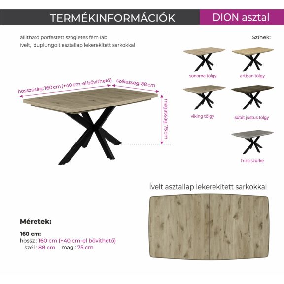DION lekerekített sarkú bővíthető étkezőasztal, fekete fém lábbal – frizó szürke