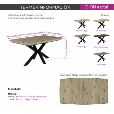   DION lekerekített sarkú bővíthető étkezőasztal, fekete fém lábbal – artisan tölgy