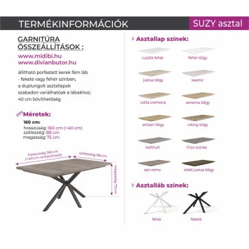 SUZY  bővíthető étkezőasztal több színben