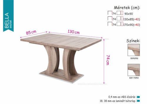 BELLA san remo ívelt lábú étkezőasztal 90-es  méretben