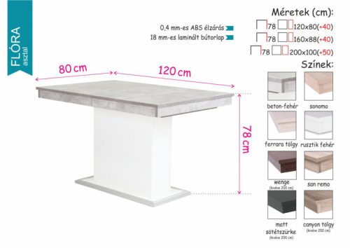 FLÓRA san remo bővíthető modern étkezőasztal 120-as méretben