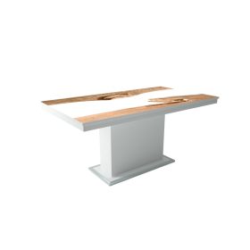   FLÓRA PLUSZ rusztik fehér bővíthető epoxy étkezőasztal festett üveglappal (aristan tölgy- fehér betéttel) 2 méretben