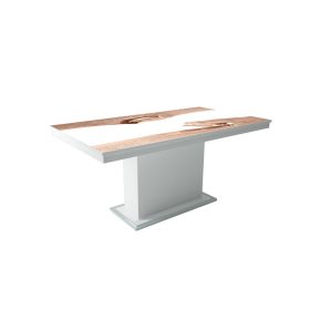   FLÓRA PLUSZ rusztik fehér bővíthető epoxy étkezőasztal festett üveglappal (sonoma- fehér betéttel) 2 méretben