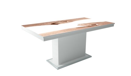 FLÓRA PLUSZ rusztik fehér bővíthető epoxy étkezőasztal festett üveglappal (sonoma- fehér betéttel) 2 méretben 