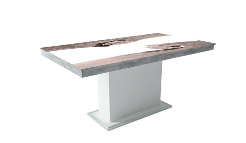 FLÓRA PLUSZ beton fehér bővíthető epoxy étkezőasztal festett üveglappal (san remo- fehér betéttel) 2 méretben  