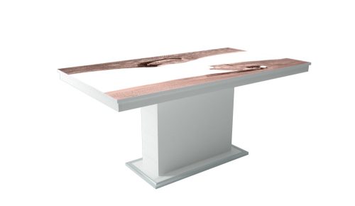 FLÓRA PLUSZ rusztik fehér bővíthető epoxy étkezőasztal festett üveglappal (san remo- fehér betéttel) 2 méretben 