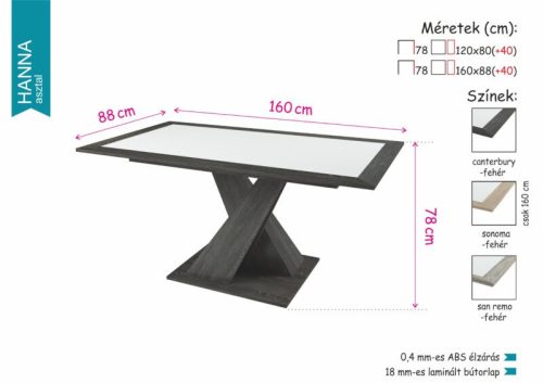HANNA bővíthető, különleges lábú canterbury étkezőasztal fehér betéttel 160-as méretben