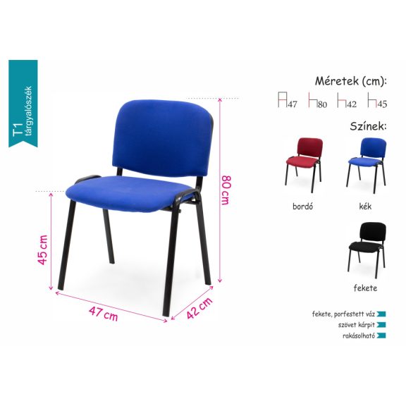 T1 tárgyalószék piros szövet, fém lábak, rakásolható