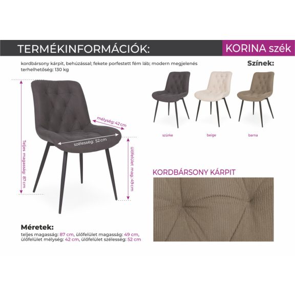 Korina kordbársony barna szék